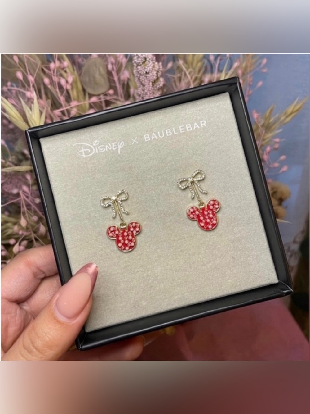 NEW IN BOX Disney x Baublebar rhinestone bow  dangling red Mickey Mouse earrings